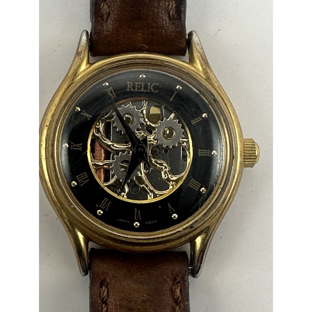 Relic ZR-72100 Ladies Skeleton Watch New Battery 25MM 6.75" Brown Leather Band Q